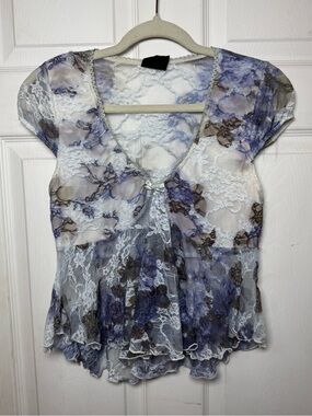 Sweet Lilac y2k Babydoll Mesh Semi Sheer Floral Lace Overlay Top Whimsigoth